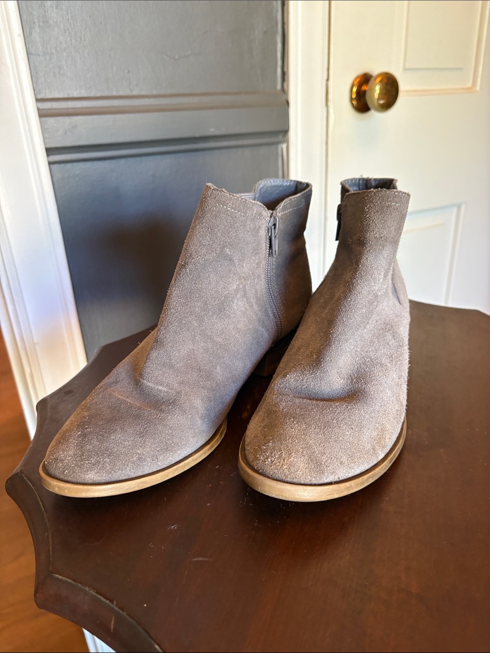 Kensie Suede Ankle Booties in Gray Taupe
